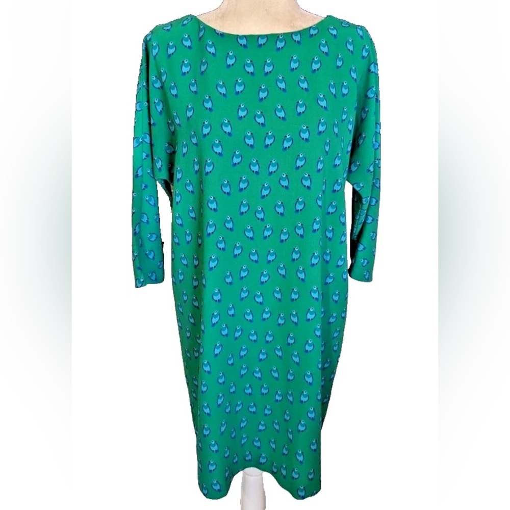 LOFT Green Bird Print Shift Dress Size Small 3/4 Sleeve cottagecore